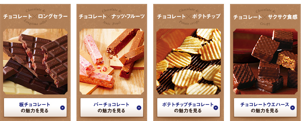 チョコレート×サクサク食感チョコレート×ナッツ・フルーツチョコレート×ロングセラーチョコレート×一口サイズ